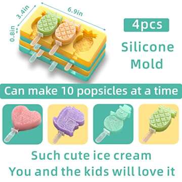 Kids Cartoon Popsicle Molds - 4 Pack, 10-Cavity Food-Grade Silicone Ice Pop Cream Molds, with Reusable Sticks, Non-Stick Flat Design, Easy Release, Stackable for Space Saving