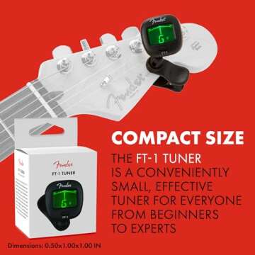 Fender FT-1 Professional Guitar Tuner Clip On, Stocking Stuffers, Guitar Accessories, with 1-Year Warranty, Full-Range Chromatic Guitar Tuner with Dual-Rotating Hinges, A4 Calibration