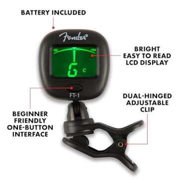 Fender FT-1 Professional Guitar Tuner Clip On, Stocking Stuffers, Guitar Accessories, with 1-Year Warranty, Full-Range Chromatic Guitar Tuner with Dual-Rotating Hinges, A4 Calibration