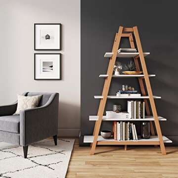 Nathan James 62201 Carlie 5-Shelf Ladder Bookcase, Display or Decorative Storage Rack with White and Rove Brown Wooden Ladder Shelves