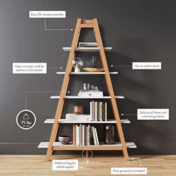 Nathan James 62201 Carlie 5-Shelf Ladder Bookcase, Display or Decorative Storage Rack with White and Rove Brown Wooden Ladder Shelves