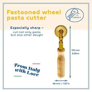 La Gondola Homemade Pasta Cutter - Festooned Wheel | Italian Pasta Making Tool for Home and Business | Brass & Natural Wood | Safe & Easy to Use Pasta Cutting Tool | Ravioli Cutter Made in Italy