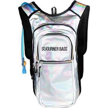 SOJOURNER Rave Hydration Pack Backpack - 2L Water Bladder Included for Festivals, Raves, Hiking, Biking, Climbing, Running and More (Multiple Styles) (Holographic - Silver)