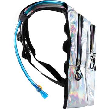 SOJOURNER Rave Hydration Pack Backpack - 2L Water Bladder Included for Festivals, Raves, Hiking, Biking, Climbing, Running and More (Multiple Styles) (Holographic - Silver)