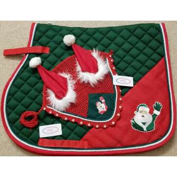 LIFT SPORTS Horse Christmas Santa Claus Saddle PAD Set with Matching Fly Bonnet Ear NET Cotton Hand Made Crochet Fly Veil Hood MASK Equestrian Shows Breathable Cotton