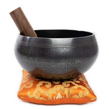 Tibetan Singing Bowl Set - Easy To Play Authentic Handcrafted For Meditation Sound Chakra Yoga Healing 4 Inches By Himalayan Bazaar (Black & Orange)