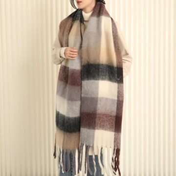 MININAI Chunky Winter Scarfs for Women Cold Weather Warm Knit Thick Plaid Scarf Long Large Oversized Checked Scarves (Brown)