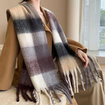 MININAI Chunky Winter Scarfs for Women Cold Weather Warm Knit Thick Plaid Scarf Long Large Oversized Checked Scarves (Brown)