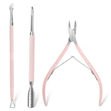 Makartt Cuticle Trimmer with Cuticle Pusher, 3 PCS Pink Nail Cuticle Nipper Professional Pedicure Manicure Tools with Stainless Steel Dual End Pusher, Nail Scraper