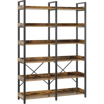 Seventable 6-Tier Industrial Bookshelf with Hooks - Vintage Wooden Rack