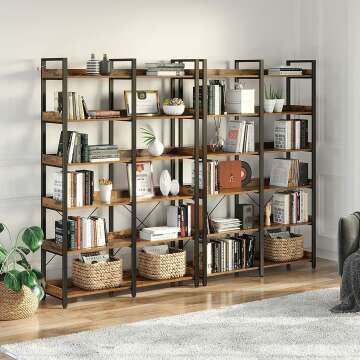 6-Tier Industrial Bookshelf with Hooks for Vintage Style