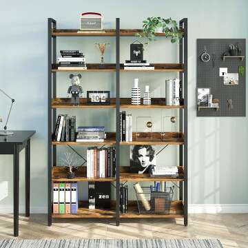 6-Tier Industrial Bookshelf with Hooks for Vintage Style