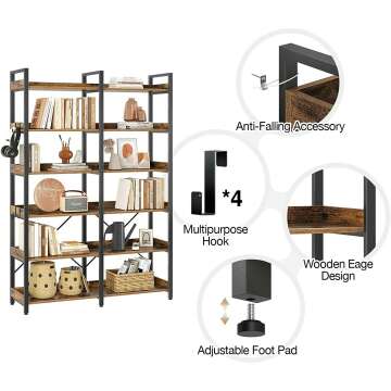 6-Tier Industrial Bookshelf with Hooks for Vintage Style