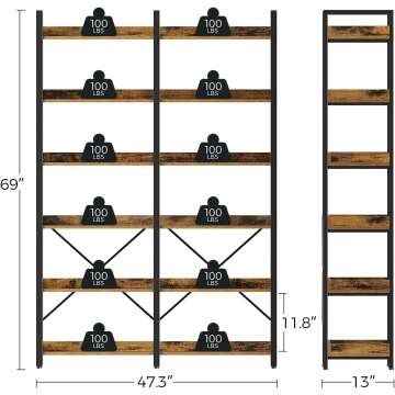 6-Tier Industrial Bookshelf with Hooks for Vintage Style