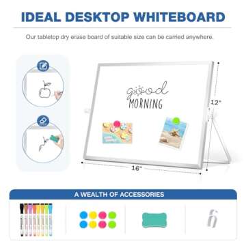 DOLLAR BOSS Small White Board with Stand Double-Sided 16" x 12" Magnetic Desktop Dry Erase Board for Back to School Portable Whiteboard Easel for Desk Home Office 8 Markers 8 Magnets 1 Eraser, Silver