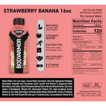 BODYARMOR Sports Drink Sports Beverage, Strawberry Banana, Natural Flavors With Vitamins, Potassium-Packed Electrolytes, No Preservatives, Perfect For Athletes, 16 Fl Oz (Pack of 12)