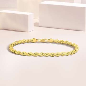 Abbie+Cleo 10K Real Gold Rope Chain Bracelet for Men and Women - Cadena de Oro para Hombres y Mujeres - (10k - 5mm - 9 Inch)