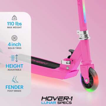 Hover-1 Lunar Kids Folding Kick Scooter with Color-Changing LED Light Up Wheels, Foot Brake, Adjustable Height Handle, and Light Weight Design