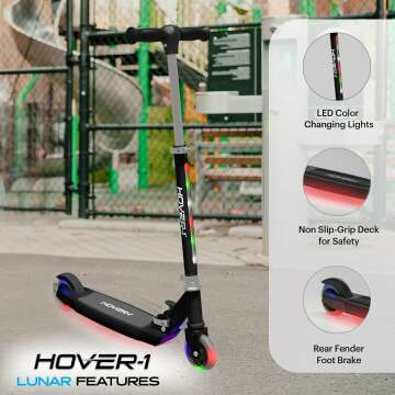 Hover-1 Lunar Kids Folding Kick Scooter with Color-Changing LED Light Up Wheels, Foot Brake, Adjustable Height Handle, and Light Weight Design