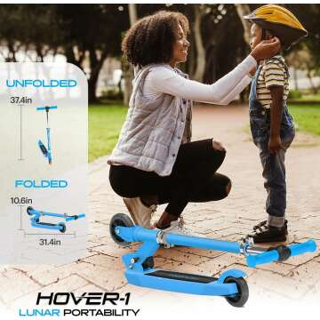 Hover-1 Lunar Kids Folding Kick Scooter with Color-Changing LED Light Up Wheels, Foot Brake, Adjustable Height Handle, and Light Weight Design