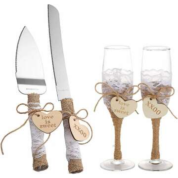 TANG SONG Cake Knife and Server Set with Champagne Glasses - Rustic Wood Tag