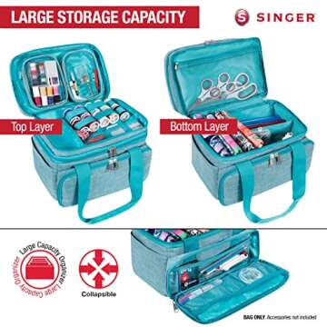 SINGER Sewing Accessories Organizer (Bag Only) – Double Layer Portable Sewing Storage Bag | 2 Detachable Pouches and 18 Compartments, Large Sewing Supplies & Crafting Carry-all (Teal)