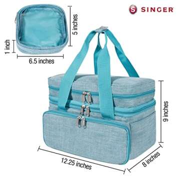 SINGER Sewing Accessories Organizer (Bag Only) – Double Layer Portable Sewing Storage Bag | 2 Detachable Pouches and 18 Compartments, Large Sewing Supplies & Crafting Carry-all (Teal)