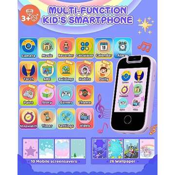 UCIDCI Kids Phone Toys Unicorns Gifts for Girls Ages 3-7, Touchscreen Fake Phone Music Player with 180° Rotatable Camera, Pretend Play Learning Toy Birthday for 3 4 5 6 7 8 Girls Kids