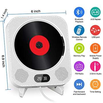 Portable CD Player with Bluetooth, FANGOR Wall Mounted CD Player Home Audio Boombox Music Player with Remote Control FM Radio, Built-in HiFi Speakers, Jack AUX Input, Support CD/USB/TF