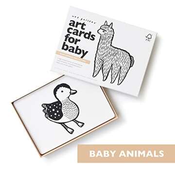 Wee Gallery Black and White Animal Art Cards for Babies, Durable High Contrast Vision Cards, Brain Development Educational Learning Tool for Newborn, Infant, Baby, Toddler - Baby Animals