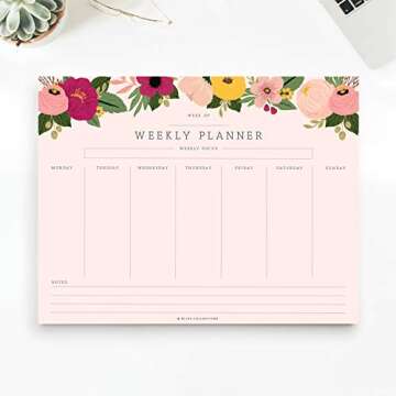 Bliss Collections Weekly Planning Pad, Desk Calendar - Pink Floral - Undated Tear-Off Sheets Notepad - Organizer, Scheduler for Goals, Tasks, Ideas, Notes & To-Do Lists - 8.5" x 11", 50 Sheets