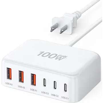 USB C Fast Charger 100W GaN 6 Port Charging Hub - 3 USB C & 3 USB A