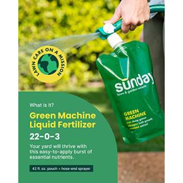 Sunday Green Machine Lawn Fertilizer for Lush Growth - 42.3oz - Includes Universal Sprayer Attachment - Covers Up to 5,000 Sq Ft - Easy Application in 15 Minutes or Less - Boost Your Lawn’s Health