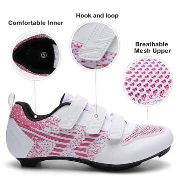 Unisex Road Bike Cycling Shoes Compatible with Peloton Shimano SPD Bike Riding Shoes for Men Women, 3 Straps, Pre-Installed Delta Cleats for Indoor Outdoor Cycling Biking Size 7 (White-Pink)