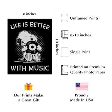 Life Is Better With Music - Snoopy Quotes Music Wall Art Print, Typographic Wall Decor For Music Room, Studio, Home, Office & Aesthetic Room Decor - Unframed Wall Art Music Print - 8 x 10”