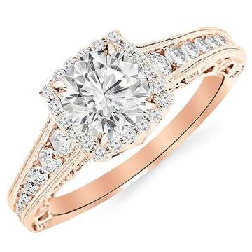 1.25 Carat Designer Halo Channel Set Round Diamond Engagement Ring with Milgrain 14K Rose Gold with a 0.5 Carat I-J I2 Round Brilliant Cut/Shape Center