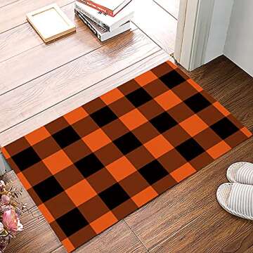 Halloween Welcome Mats, Orange Entrance Doormats, Black Cat Ghost Non Slip Bath Mat, Buffalo Check Decorative Entrance Rugs Carpet for Floor/Indoor/Outdoor/Front Door/Bathroom, 16x24inch