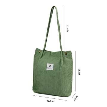 Corduroy Tote Bag Cute Tote Bags for Women Shoulder Bag with Inner Pocket for Work Beach Travel and Shopping Grocery (Matcha Green)