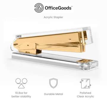 OfficeGoods Acrylic Stapler - Aesthetic Staplers for Desk, Home or Office - Unique and Stylish Design - Take Standard 1.4 inch of Staples - Golden