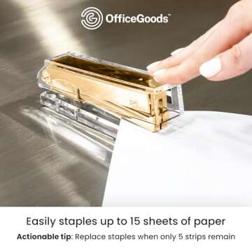 OfficeGoods Acrylic Stapler - Aesthetic Staplers for Desk, Home or Office - Unique and Stylish Design - Take Standard 1.4 inch of Staples - Golden