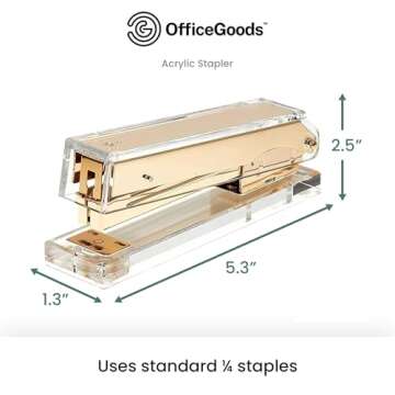 OfficeGoods Acrylic Stapler - Aesthetic Staplers for Desk, Home or Office - Unique and Stylish Design - Take Standard 1.4 inch of Staples - Golden