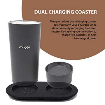 Muggo 12 oz Temperature Control Mug with 3 Hour Battery Life, Tea, Coffee, & Hot Beverage Warmer, Heated Travel Mug with Dual Charger