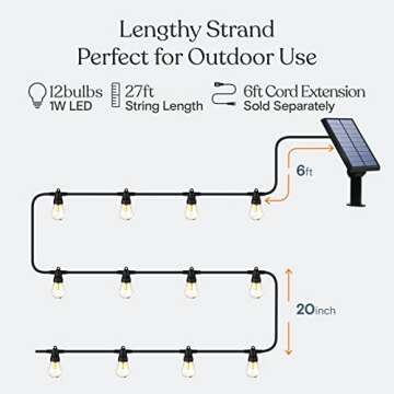 Brightech Ambience Pro Solar Powered Outdoor String Lights, 27 ft Commercial Grade Waterproof Patio Lights, 12 Edison Bulbs, Shatterproof LED String Lights for Outside, Porch - 1W Soft White