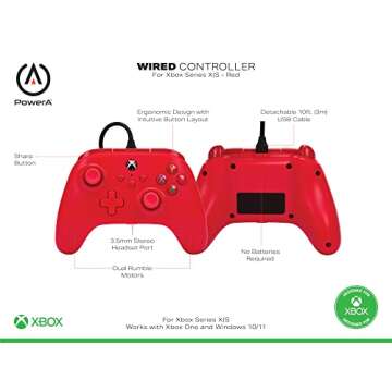 PowerA Wired Controller for Xbox Series X|S - Red, gamepad, video game/gaming controller, works with Xbox One, Officially Licensed