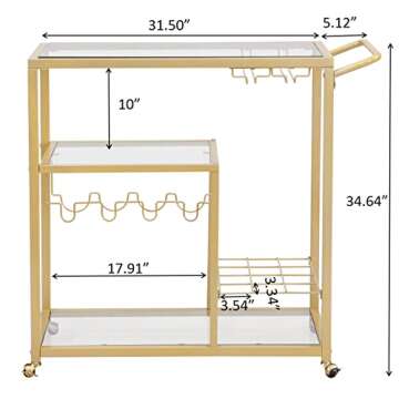 FABOMEI Rolling Bar Carts Gold with Wheels,Home Bar Serving Cart with Glass Wine Holders 3 Tier for Kitchen Home, Party,Dining Room