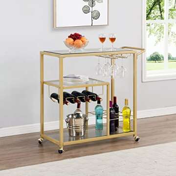 FABOMEI Rolling Bar Carts Gold with Wheels,Home Bar Serving Cart with Glass Wine Holders 3 Tier for Kitchen Home, Party,Dining Room