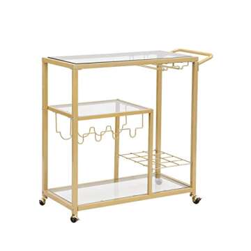 FABOMEI Rolling Bar Carts Gold with Wheels,Home Bar Serving Cart with Glass Wine Holders 3 Tier for Kitchen Home, Party,Dining Room