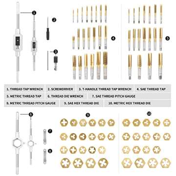 WYNNsky Die and Tap Set in SAE and Metric, Hex Threading Dies for External Threads, Thread Tap for Internal Threads, Thread Wrench, Thread Pitch Gauge, 86 Pieces Gauge Kit for DIY Tapered