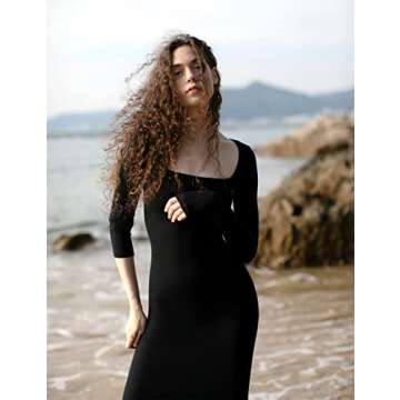 PUMIEY Jet Black Long Sleeve Maxi Dress for Women