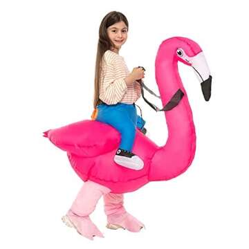 IRETG Ride on Flamingo Costumes for Kids (Fits 2'95" - 4'26") Inflatable Flamingo Costume Blow up Flamingo Suit for Birthday Cosplay Halloween Masquerade Party